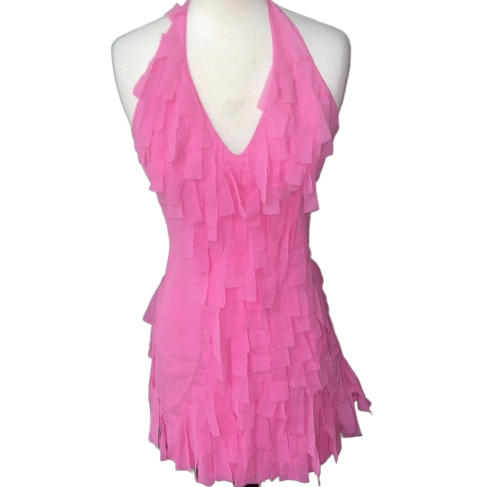 BCBGMAXAZRIA Silk Pink Fringe Mini Dress